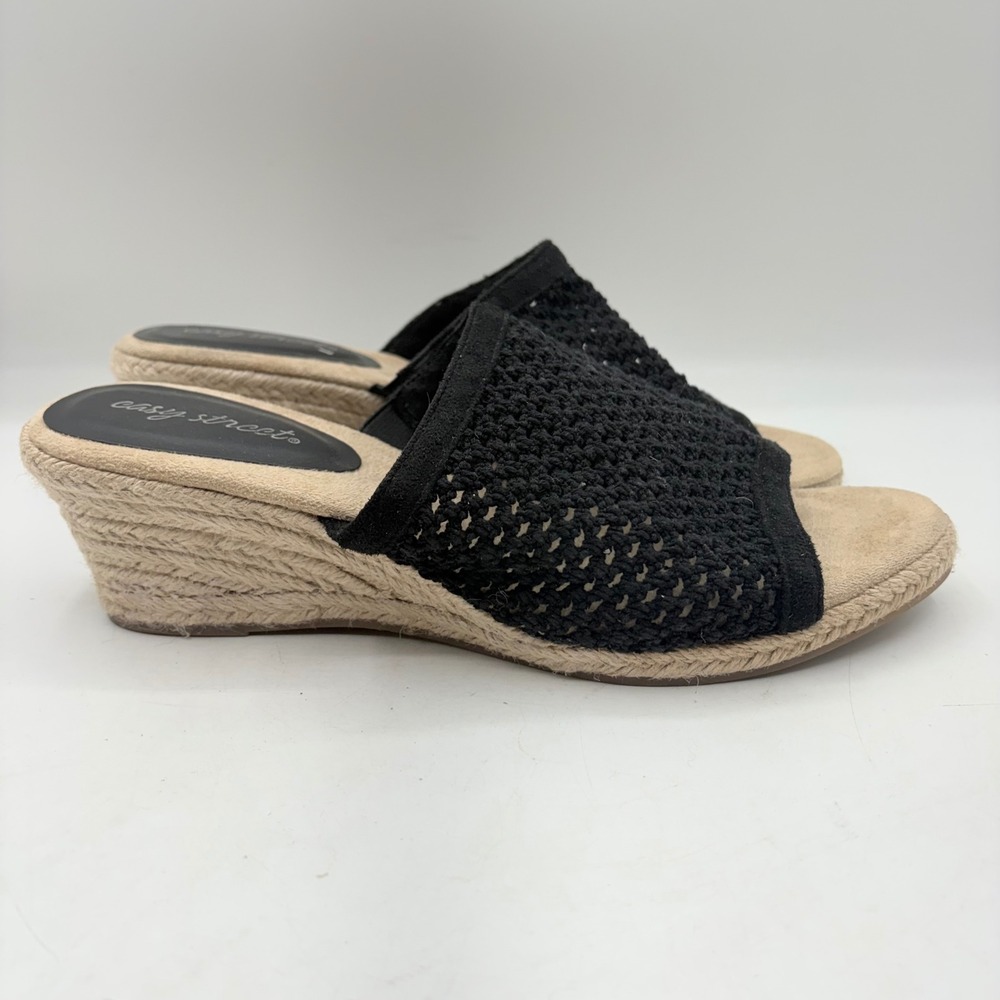 Easy Street Black Crochet Espadrille Wedge Sandals Slide Mules 10W‎ 31-0901